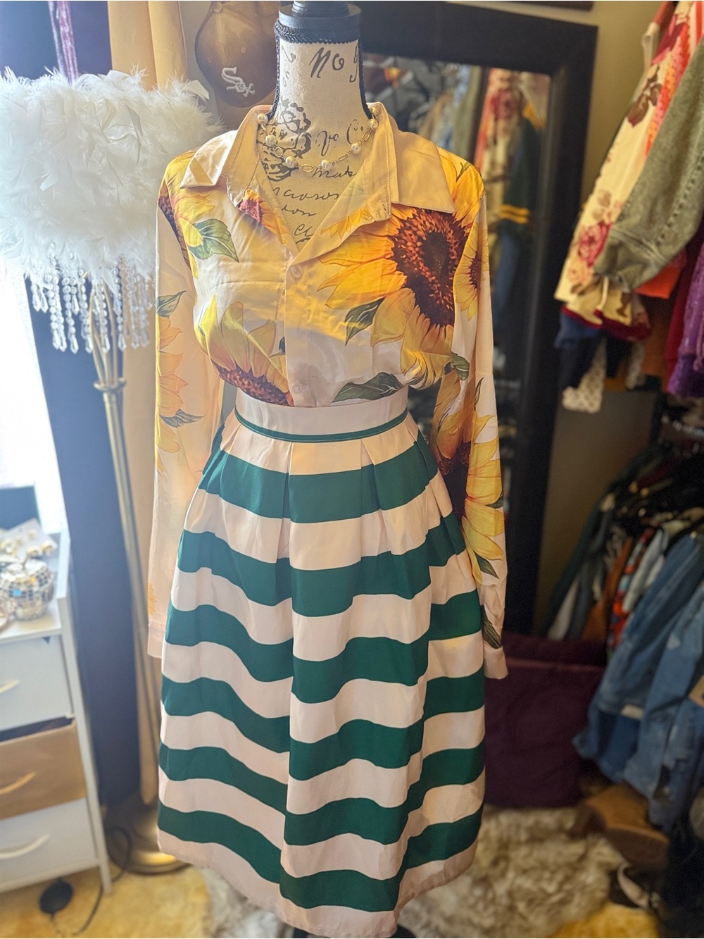 Green & Cream Striped Skirt (blouse not included)